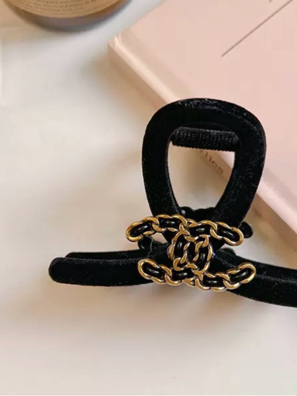 Black Velvet Hair Clip with Gold Chain Accent